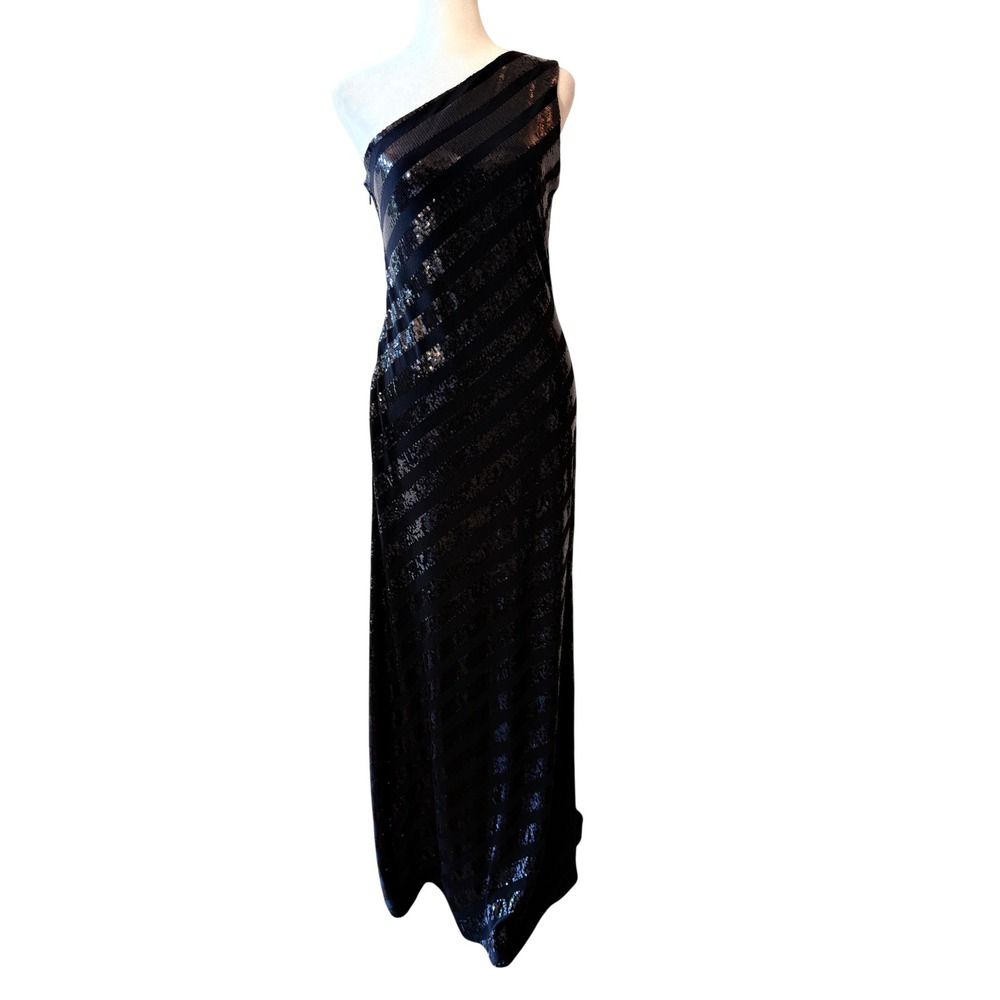 DAVID MEISTER Black Sequin 1 Shoulder Black Tie Formal Evening Maxi Dress Size 8